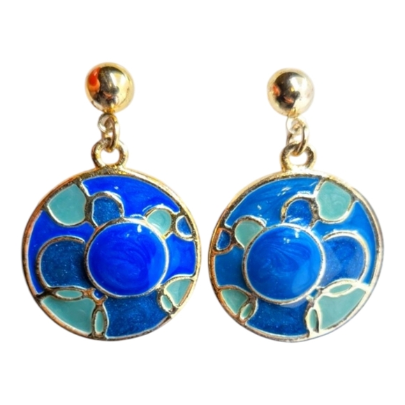 Elegant Blue and Gold Enamel  Earrings vintage style - Picture 3 of 14
